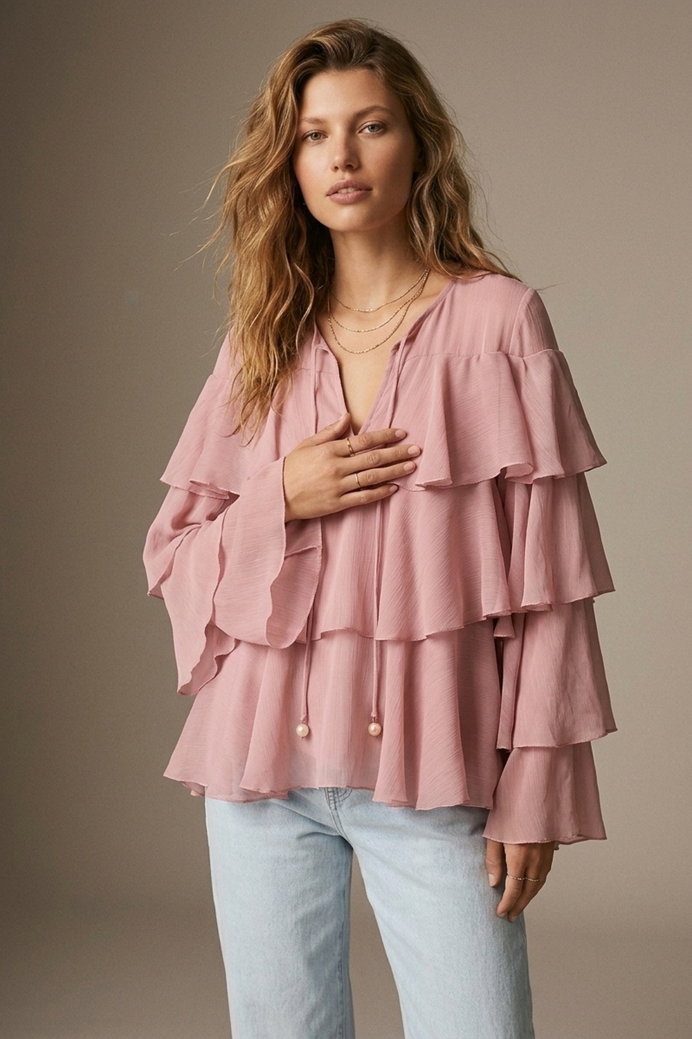 Blusa con Volantes en Capas y Lazo en el Cuello de Gasa Rosa