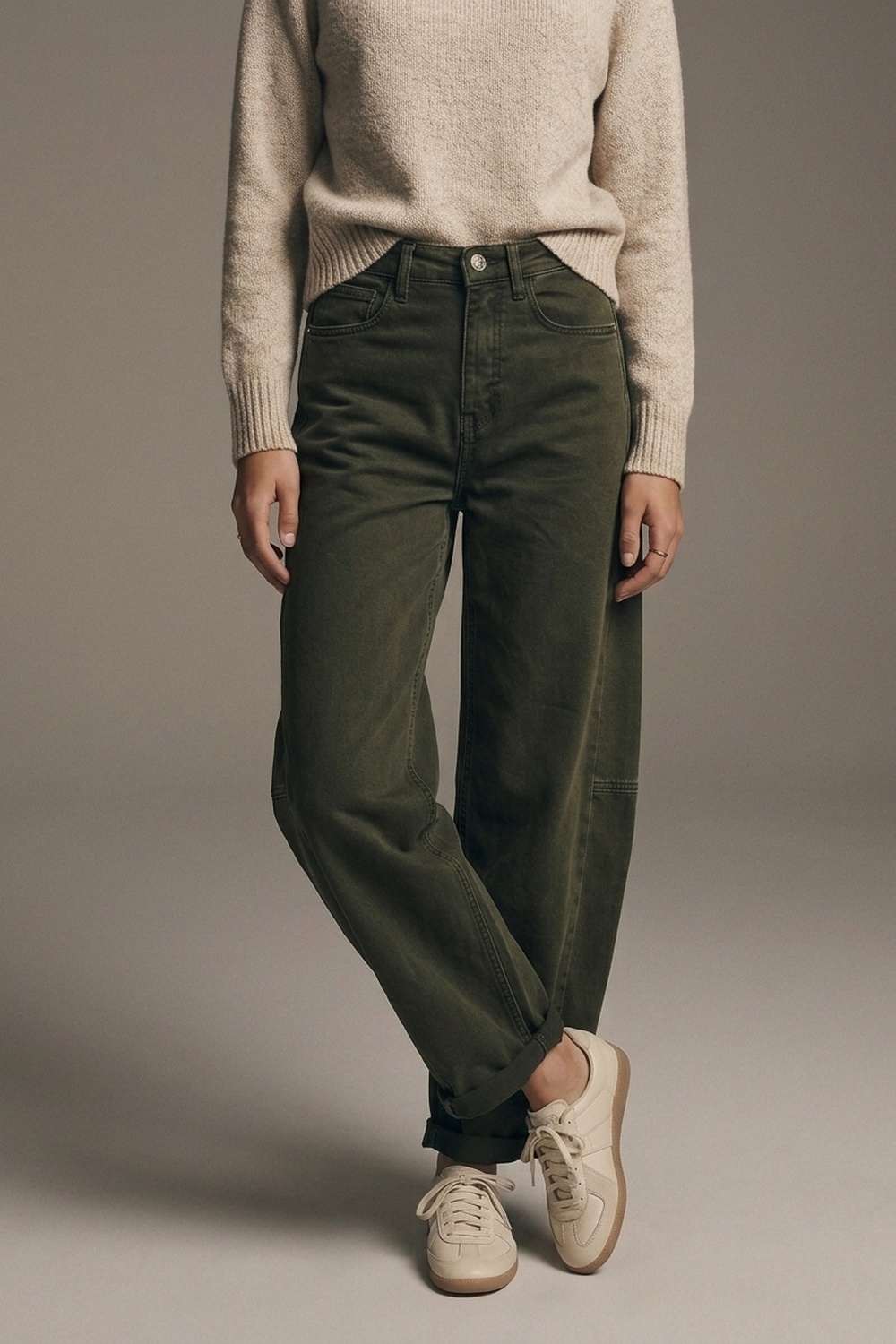 Pantalones Anchos Verde Oliva de Pierna Ancha en Estilo Barril con Costura Lateral Pantalones Anchos Verde Oliva de Pierna Ancha en Estilo Barril con Costura Lateral