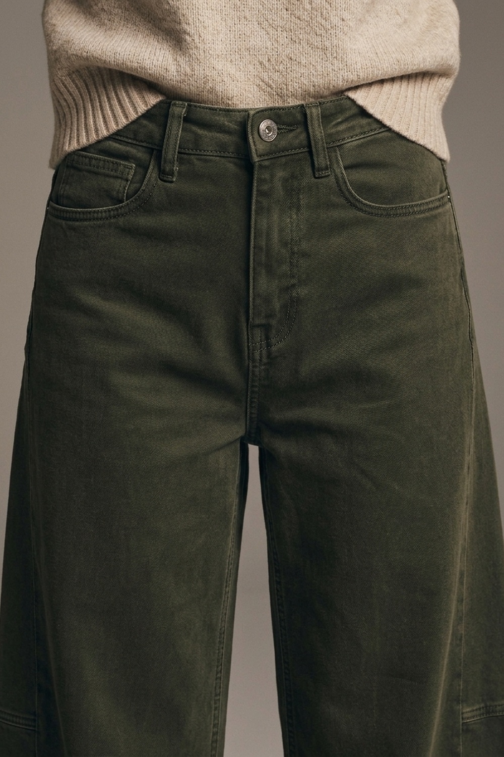 Pantalones Anchos Verde Oliva de Pierna Ancha en Estilo Barril con Costura Lateral Pantalones Anchos Verde Oliva de Pierna Ancha en Estilo Barril con Costura Lateral