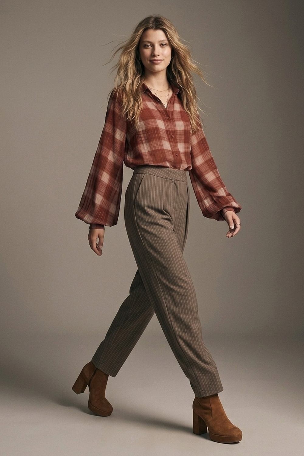 Pantalones c&oacute;nicos plisados de tela suave marr&oacute;n a rayas