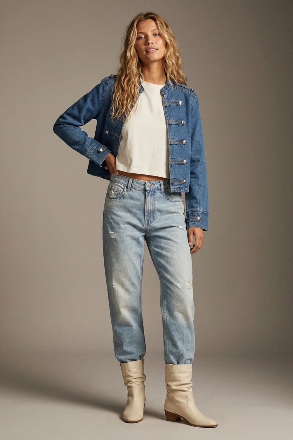 Chaqueta Militar Azul Denim R&iacute;gida Sin Estiramiento con Botones y Corte Recortado