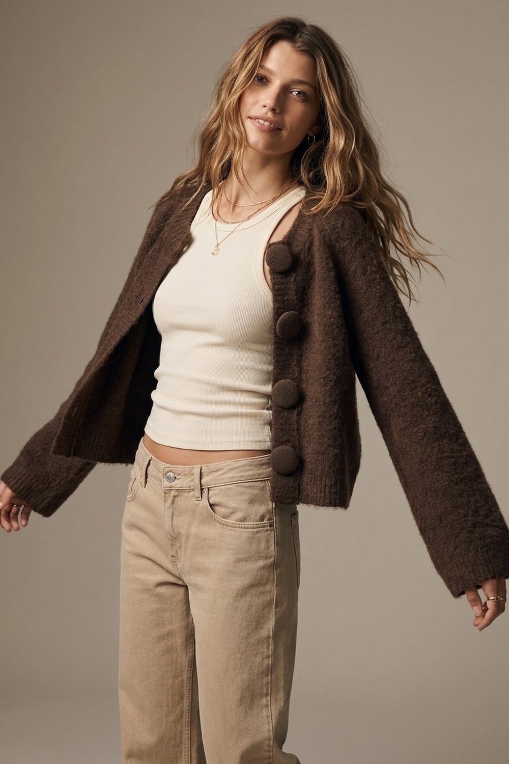 Chaqueta corta de punto marr&oacute;n cepillado con botones cubiertos