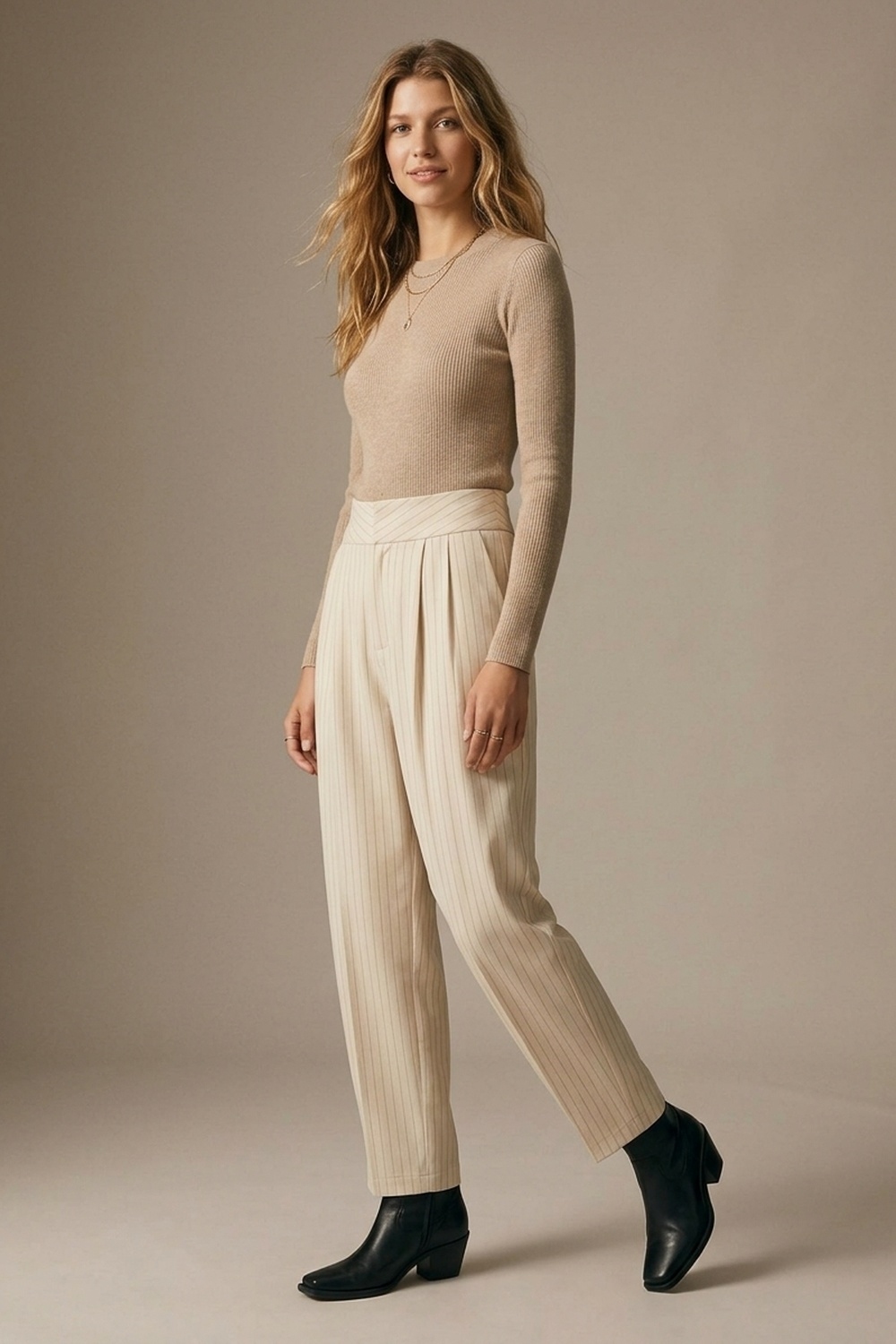 Pantalones cónicos plisados tejidos suaves con rayas finas color crema Pantalones cónicos plisados tejidos suaves con rayas finas color crema