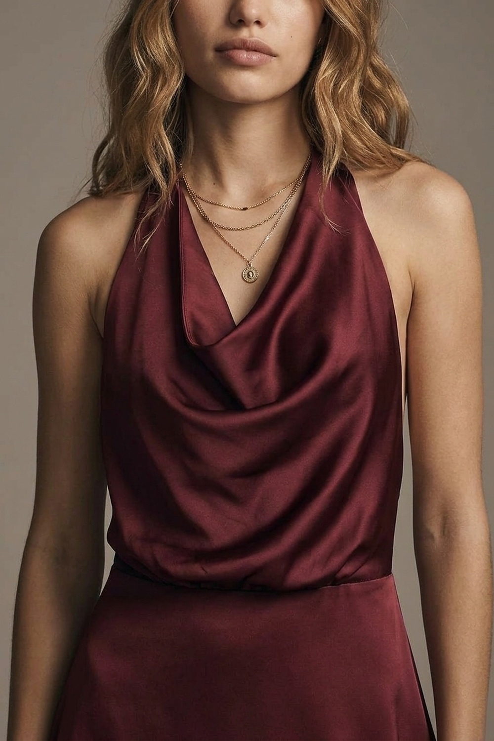 Vestido mini de sat&eacute;n burdeos con cuello drapeado halter corte en A y espalda abierta
