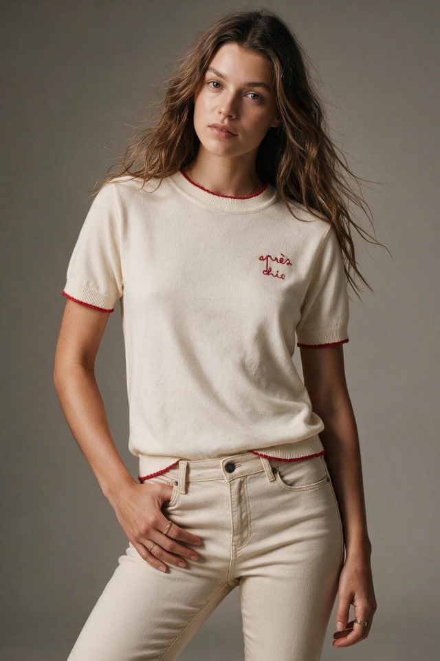 Cream Fine Knit Embroidered Short Sleeve sweater with red Trim
