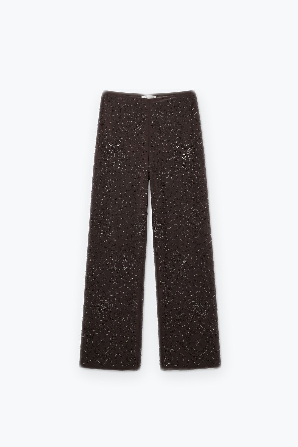 Pantalones Anchos Tejidos con Lentejuelas Marrones y Cuentas Florales Pantalones Anchos Tejidos con Lentejuelas Marrones y Cuentas Florales