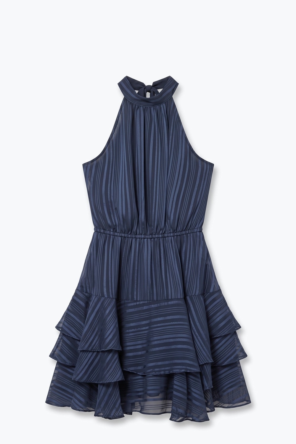 Vestido Mini a Rayas Azul Marino de Satén con Cuello Halter y Espalda Abierta a Capas Vestido Mini a Rayas Azul Marino de Satén con Cuello Halter y Espalda Abierta a Capas