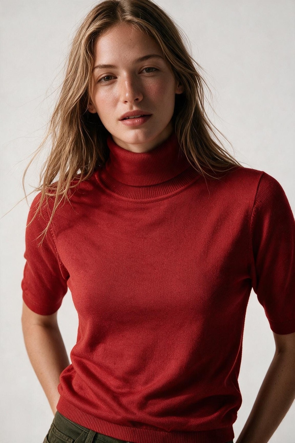 Su&eacute;ter Rojo de Punto Fino de Cuello Alto con Mangas al Codo y Ajuste Regular