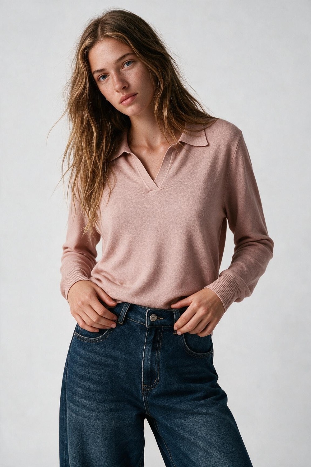 Cuello polo de punto con escote en V sin tapeta de botones en rosa viejo