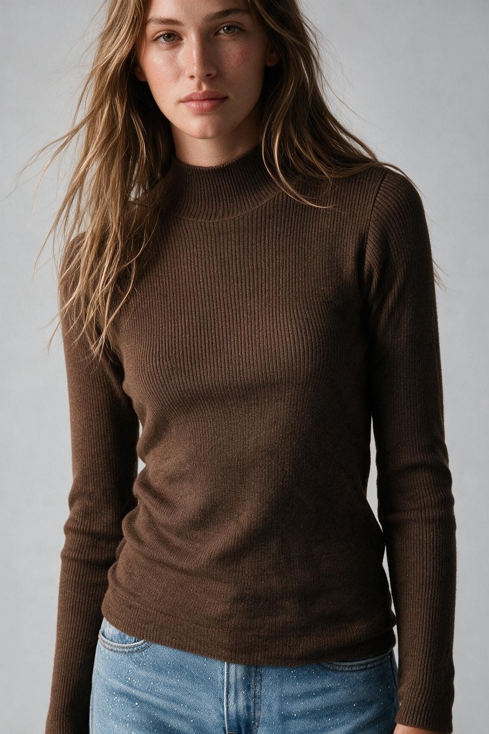 Su&eacute;ter de lana merino de canal&eacute; fino en color camel con cuello simulado