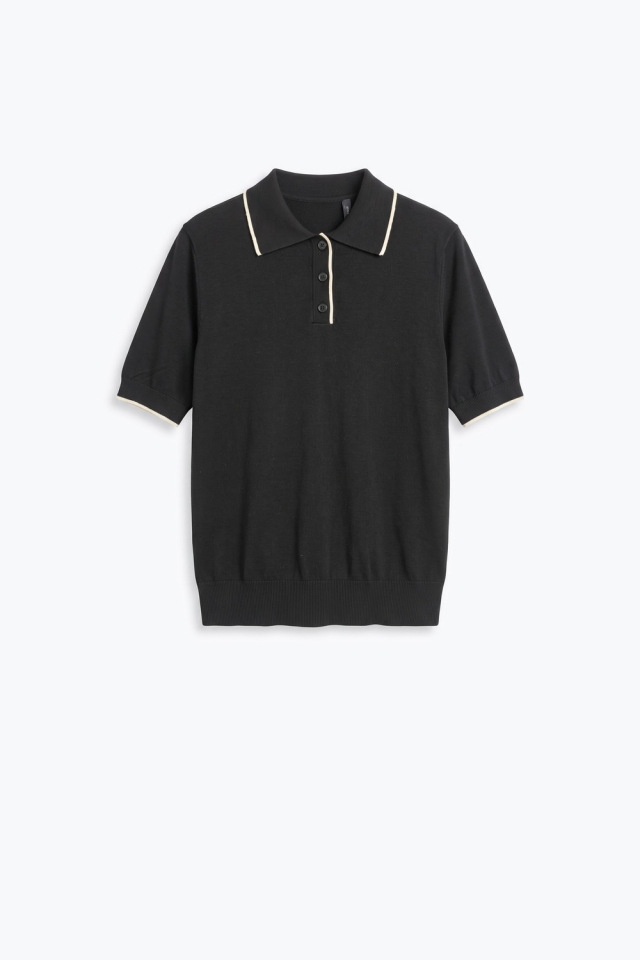 black Fine Knit Contrast Trim sweater with Polo Collar