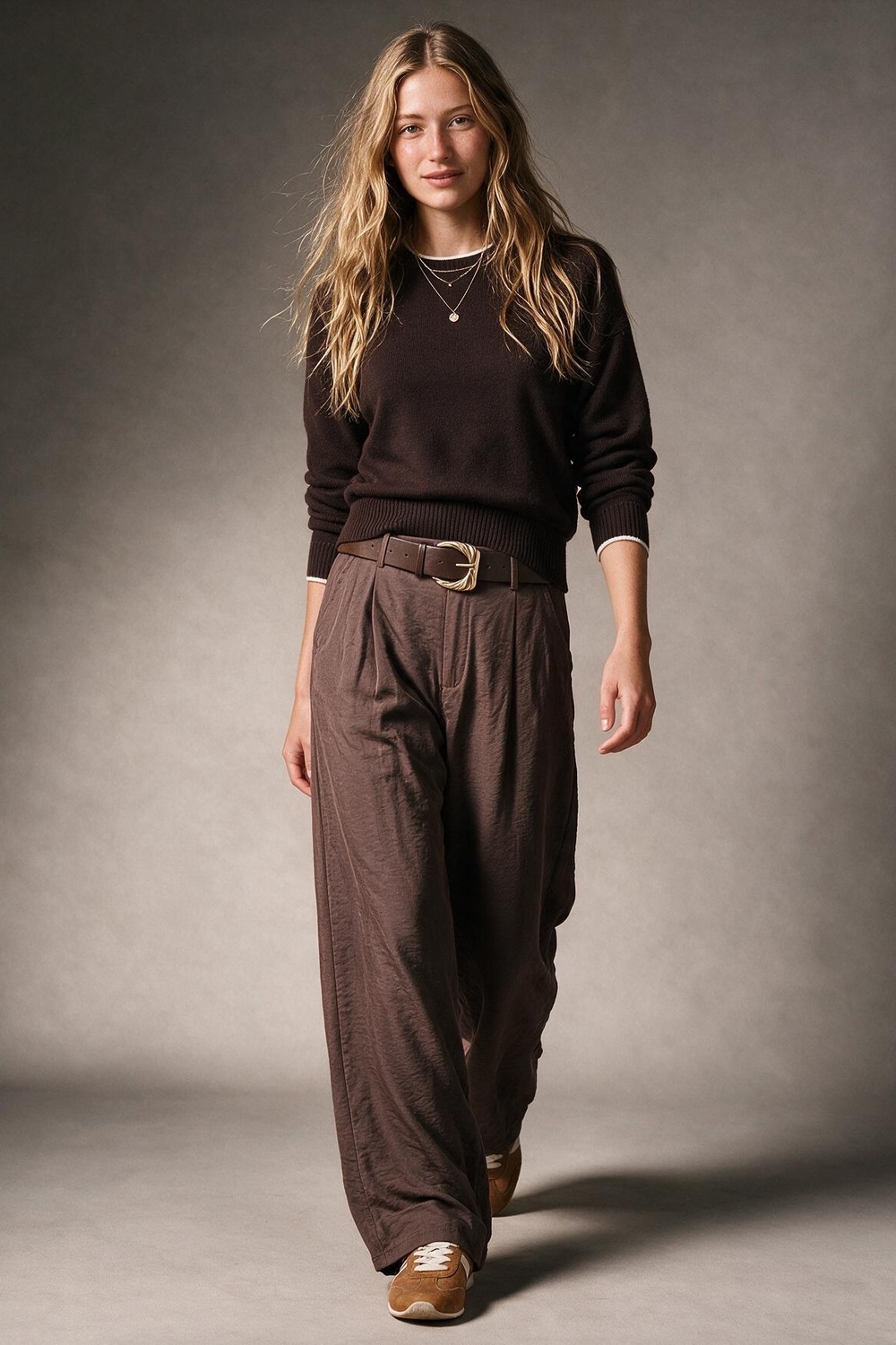Pantalones anchos con textura marrón brillante con cinturón y detalle de pliegues Pantalones anchos con textura marrón brillante con cinturón y detalle de pliegues