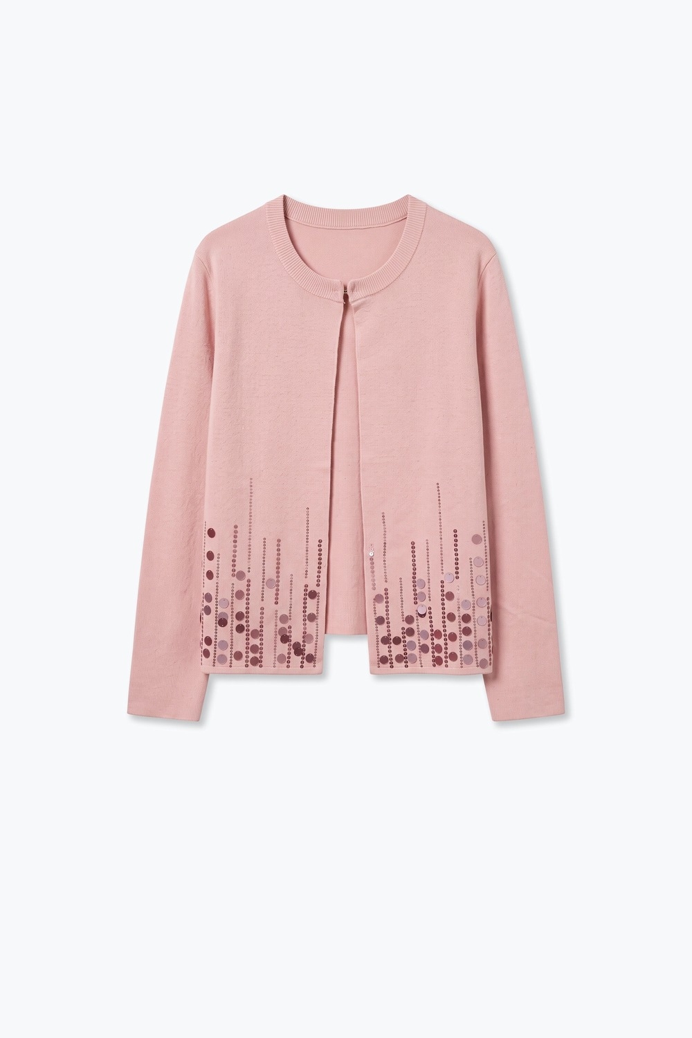 Cárdigan de punto suave con lentejuelas color rosa claro y ribete acanalado Cárdigan de punto suave con lentejuelas color rosa claro y ribete acanalado