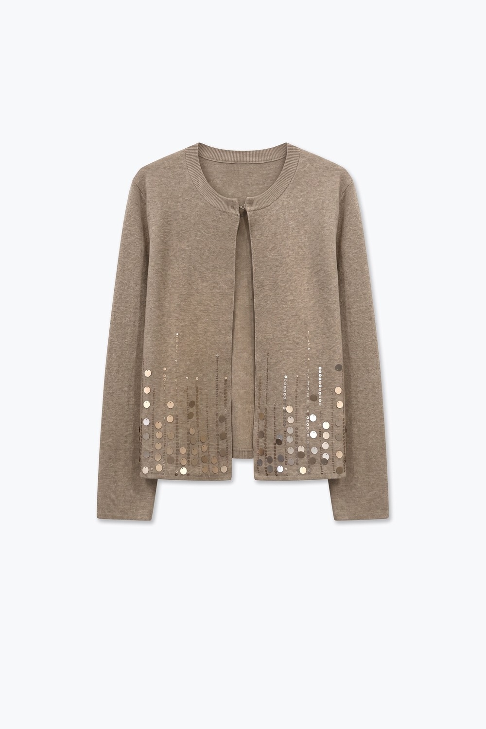 Cárdigan Beige con Lentejuelas de Punto Fino y Cierre Frontal de Gancho de Manga Larga Cárdigan Beige con Lentejuelas de Punto Fino y Cierre Frontal de Gancho de Manga Larga