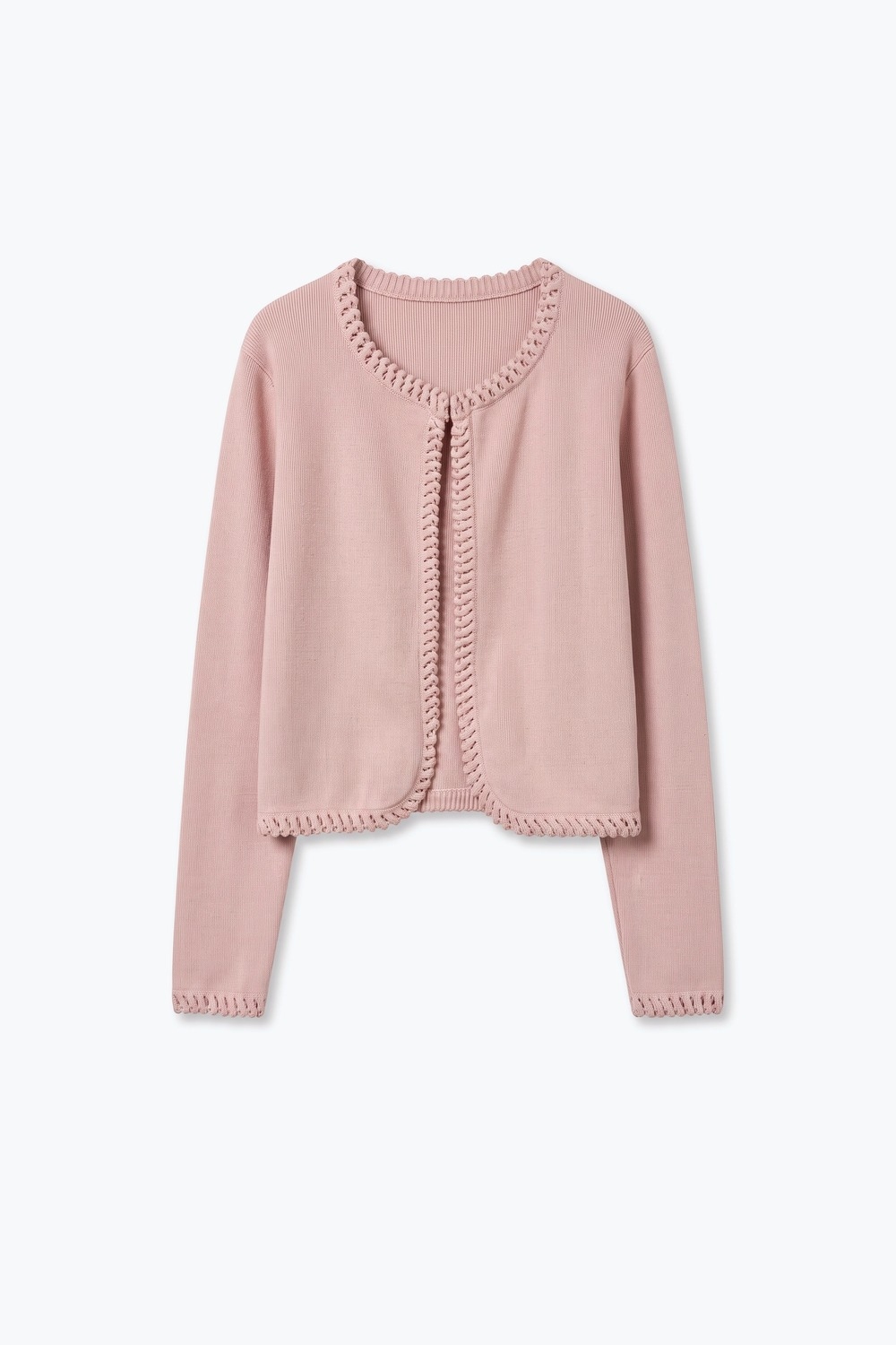 Chaqueta de punto corta de color rosa claro con borde de crochet fino