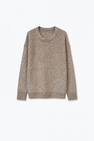 Suéter Beige de Cuello Redondo de Punto Suave con Adornos de Lentejuelas y Acabado Acanalado