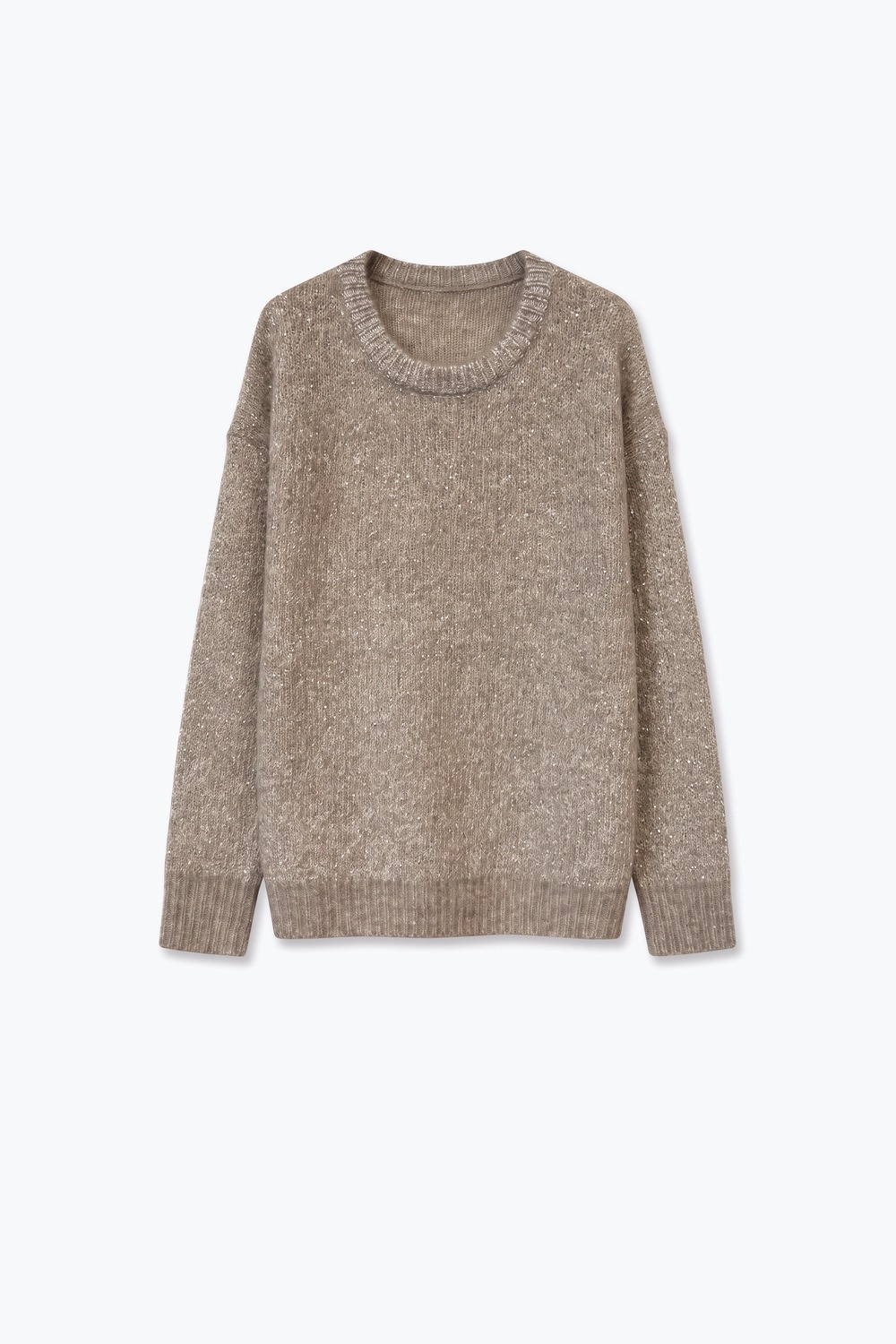 Suéter Beige de Cuello Redondo de Punto Suave con Adornos de Lentejuelas y Acabado Acanalado Suéter Beige de Cuello Redondo de Punto Suave con Adornos de Lentejuelas y Acabado Acanalado