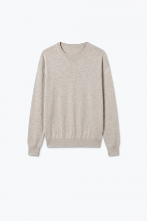 Suéter de cuello redondo de punto fino mezcla de lana merino color beige