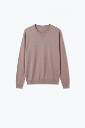 Suéter de punto fino mezcla de lana merino cuello redondo color rosa viejo