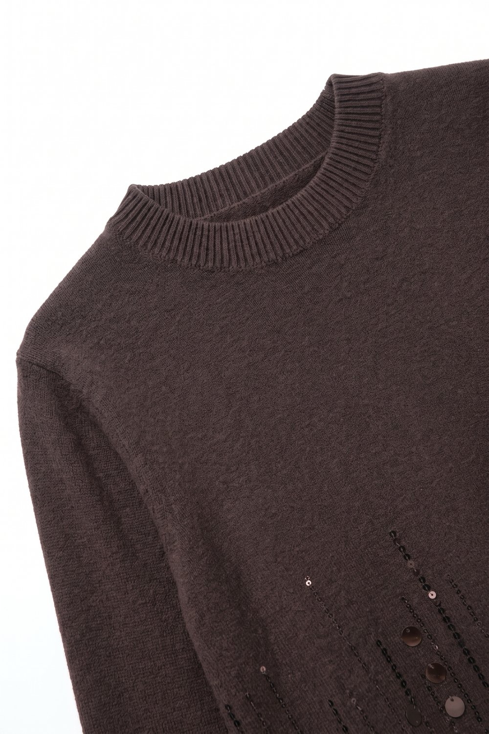 Top de punto suave marrón con dobladillo de lentejuelas y manga corta Top de punto suave marrón con dobladillo de lentejuelas y manga corta