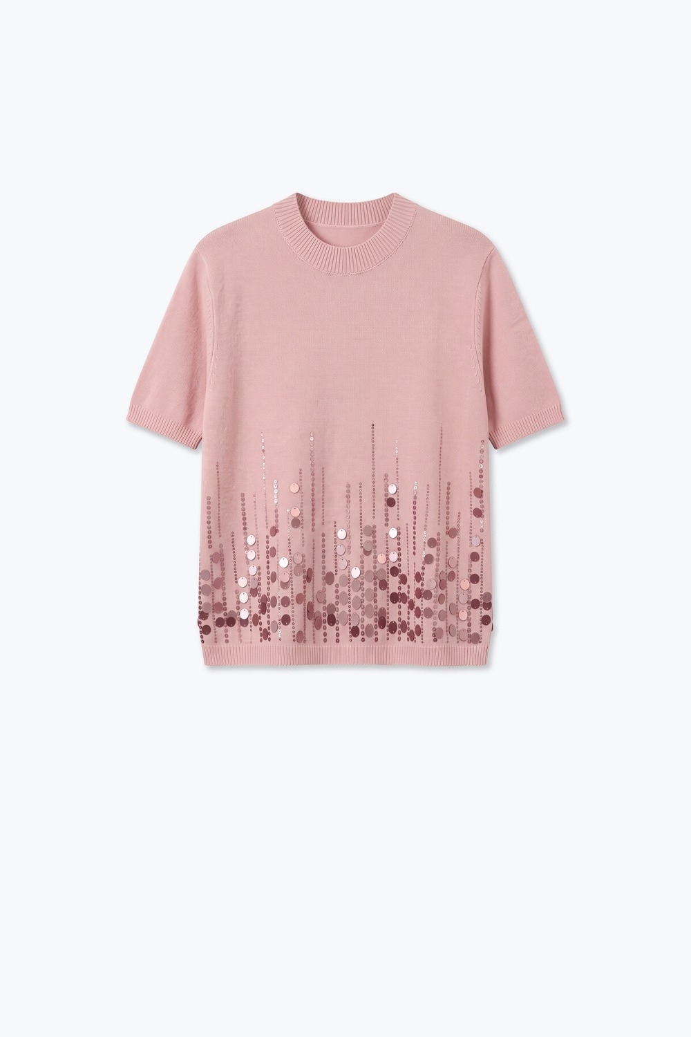 Top de punto fino rosa claro con dobladillo de lentejuelas y manga corta