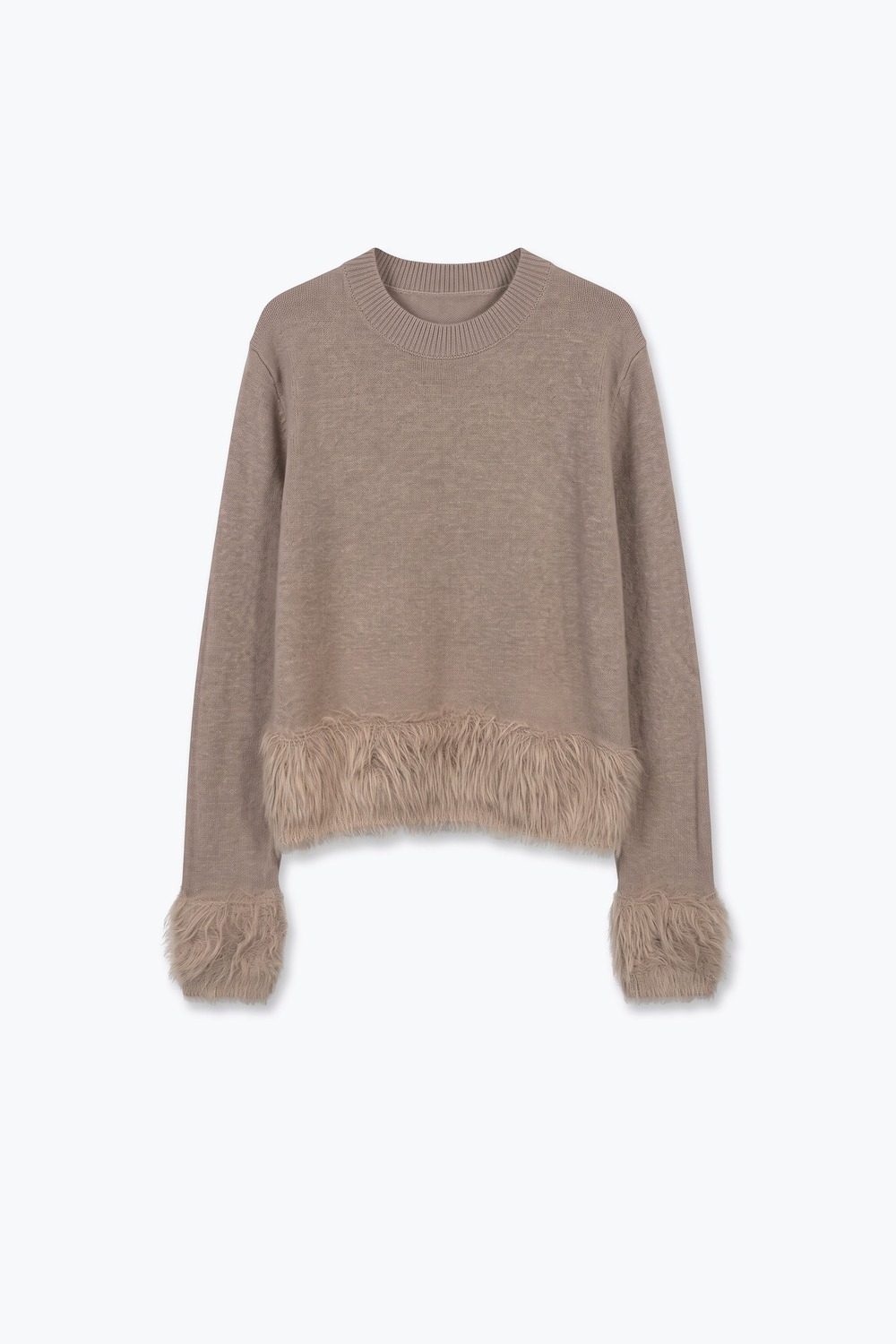 Suéter Beige de Punto Fino con Ribete de Piel Sintética y Cuello Redondo Suéter Beige de Punto Fino con Ribete de Piel Sintética y Cuello Redondo