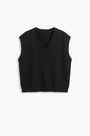 Chaleco de punto suave negro con ribete acanalado en el cuello en V y adornado con lentejuelas