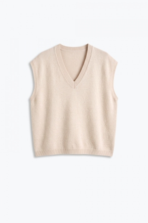 Beige Chaleco sin Mangas de Punto Fino en V con Ribete Acanalado y Adornado con Lentejuelas