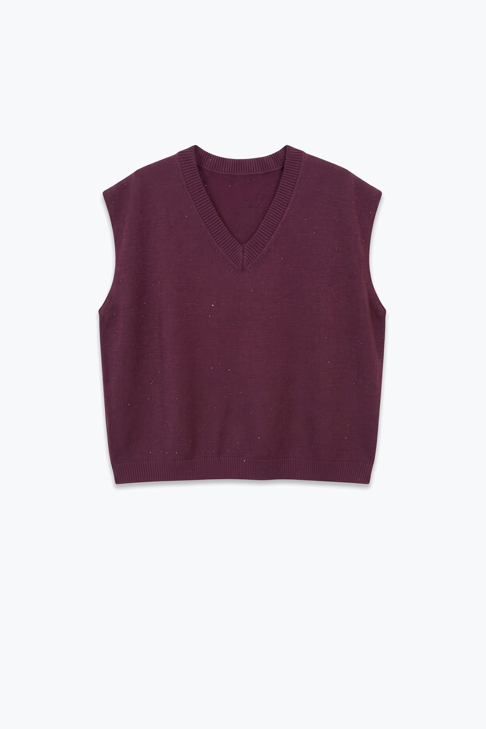 Chaleco sin mangas con cuello en V de punto fino morado con brillo y adornos de lentejuelas
