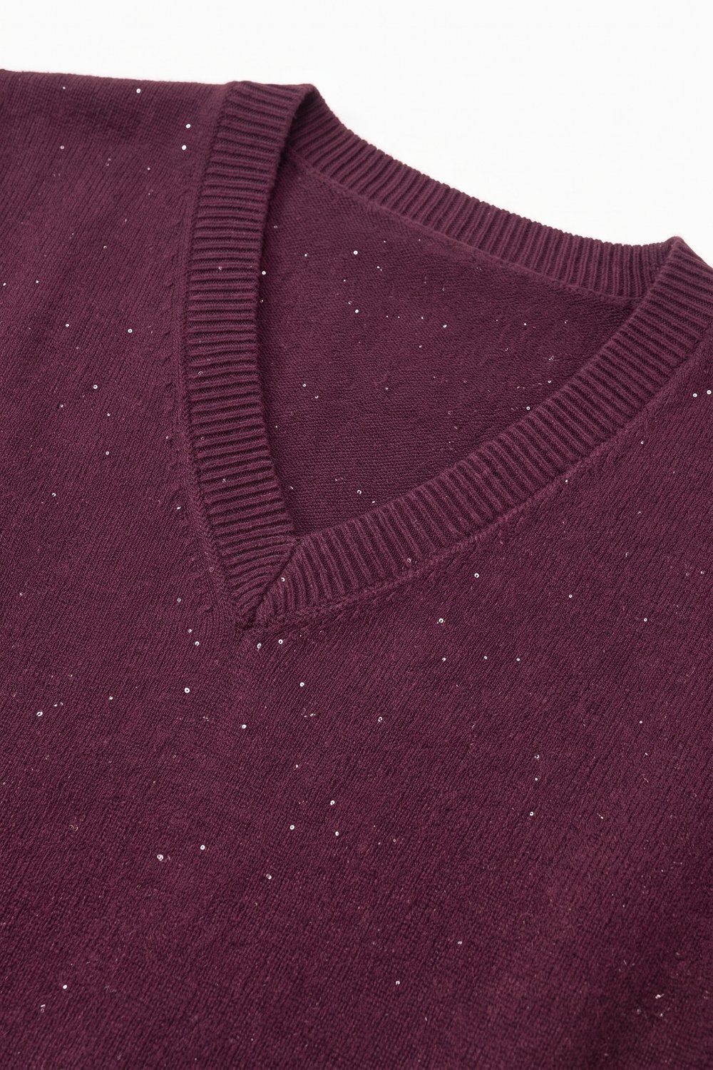 Chaleco sin mangas con cuello en V de punto fino morado con brillo y adornos de lentejuelas