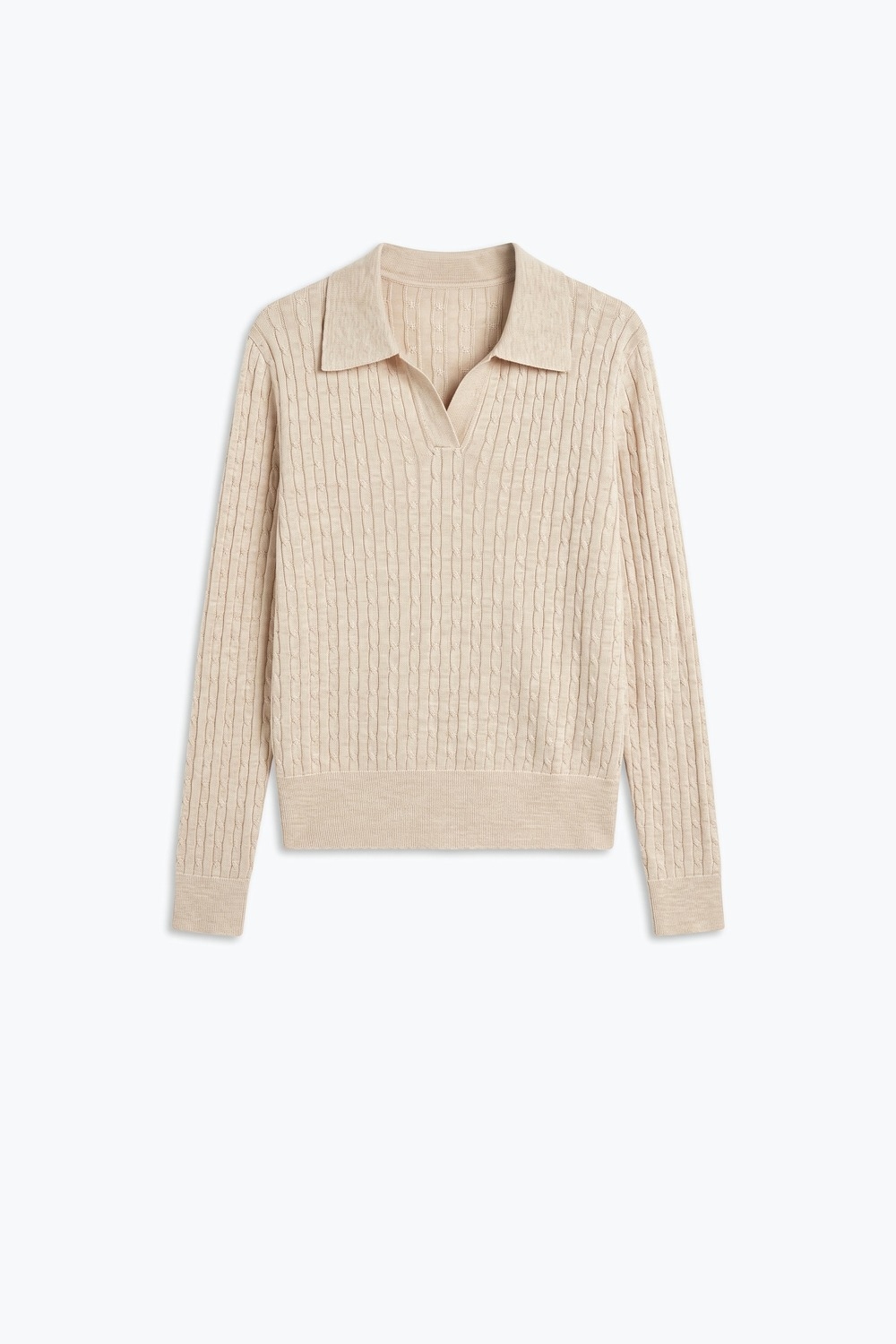 Su&eacute;ter Beige de Mezcla de Lana Merino con Cuello Polo de Punto Trenzado y Manga Larga