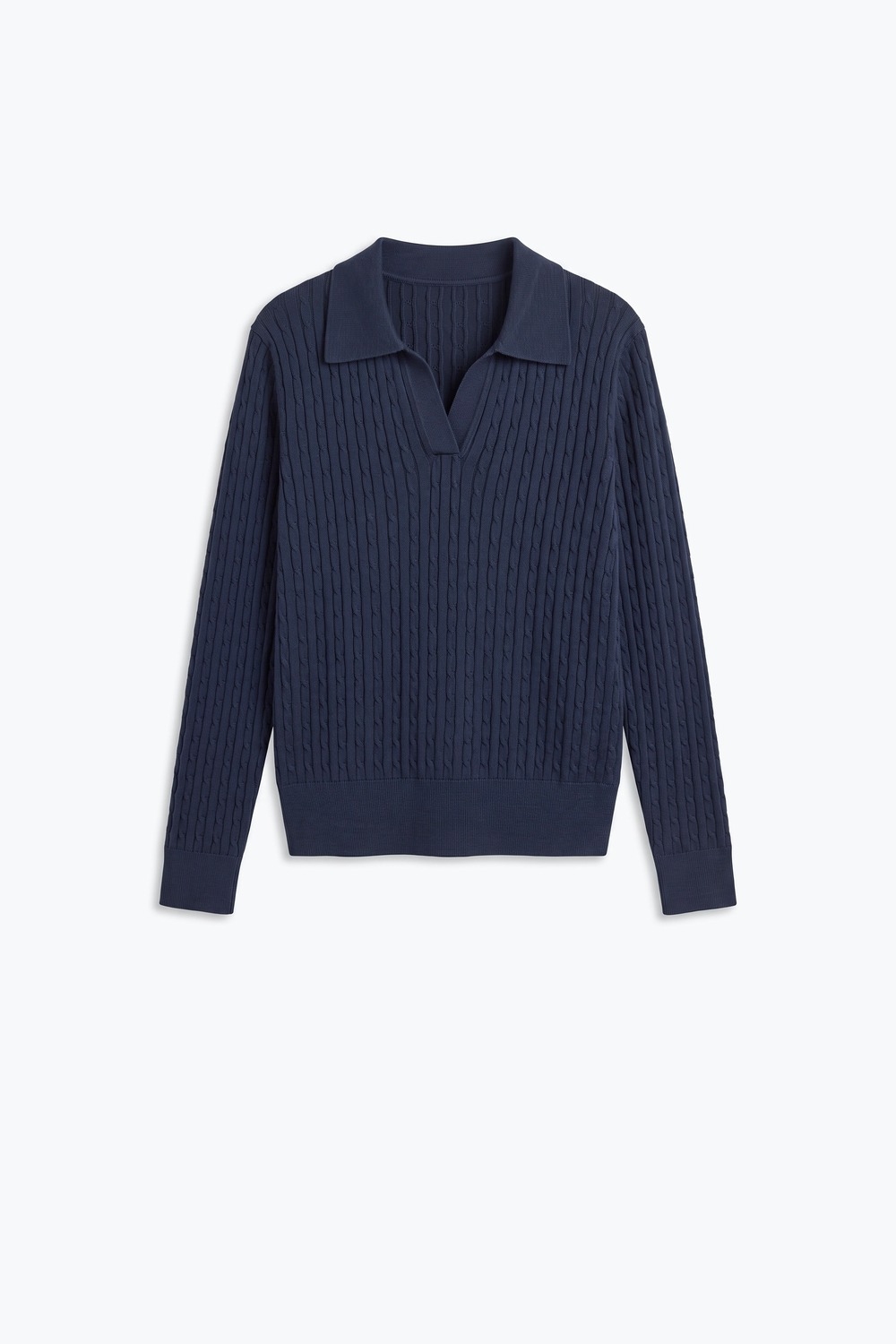 Su&eacute;ter de cuello polo con escote en V de mezcla de lana merino azul marino de punto acanalado.