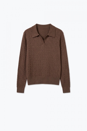 Suéter de punto de mezcla de lana merino de camello con cuello polo abierto