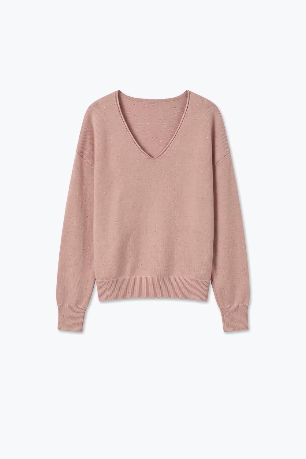 Su&eacute;ter de Punto Fino con Brillo Rosa Claro y Cuello en V con Ribetes Acanalados