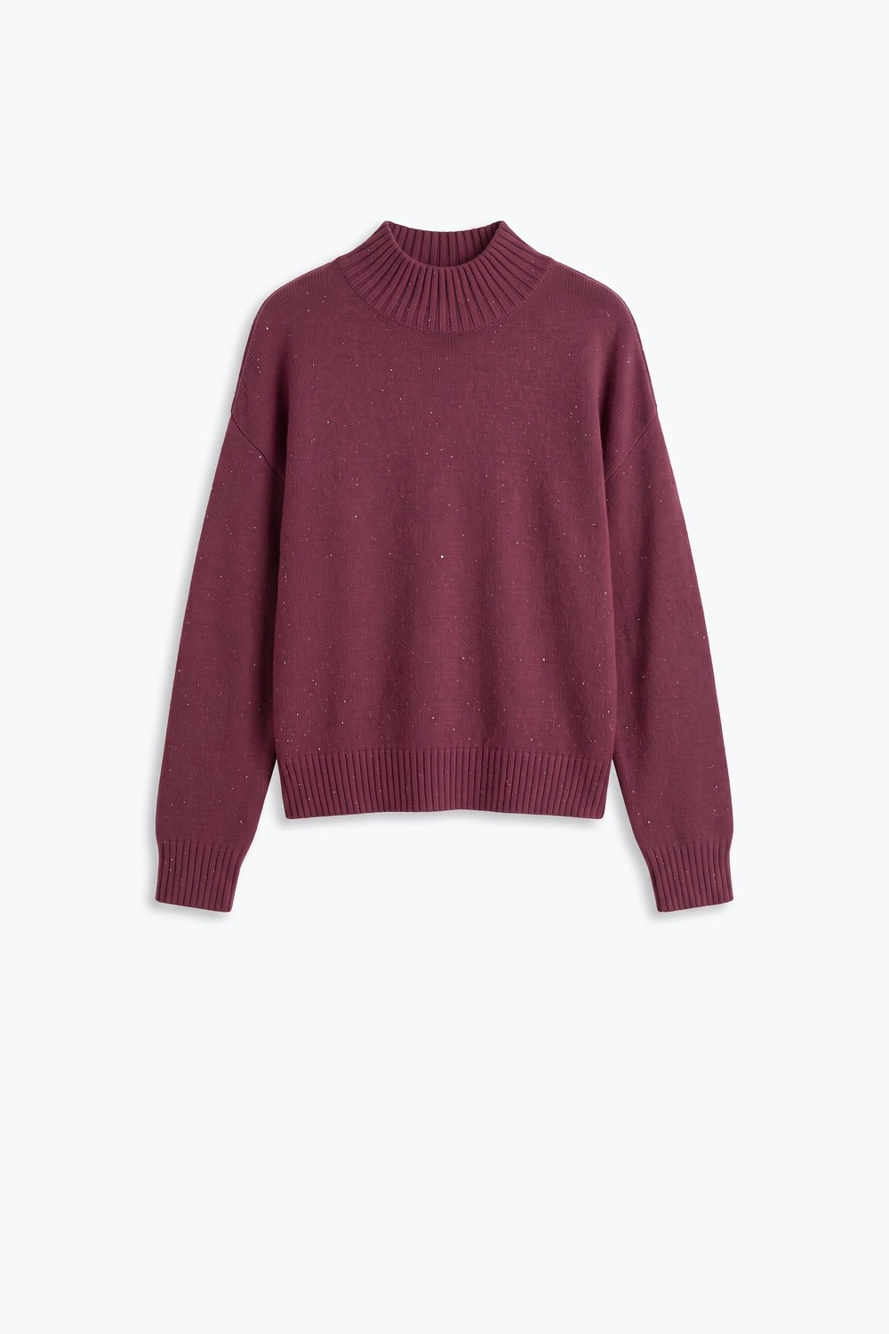 Suéter Burdeos con Cuello Alto Simulado de Punto Fino Acanalado y Lentejuelas Adornadas Suéter Burdeos con Cuello Alto Simulado de Punto Fino Acanalado y Lentejuelas Adornadas