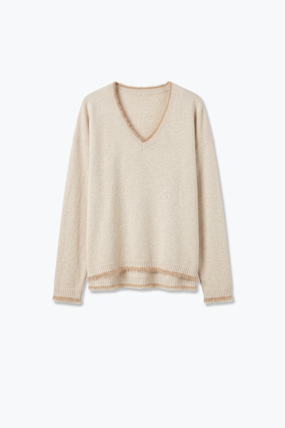 Su&eacute;ter beige de cuello en V con ribete de piel sint&eacute;tica