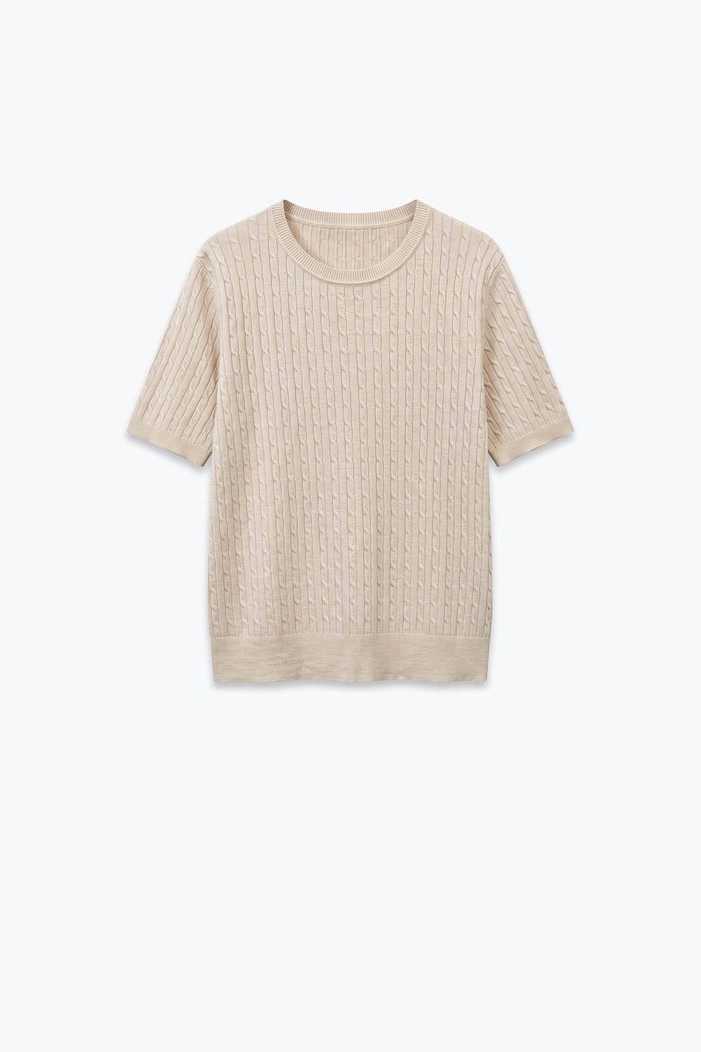 Su&eacute;ter Beige de Punto Cableado con Cuello Redondo y Manga Corta