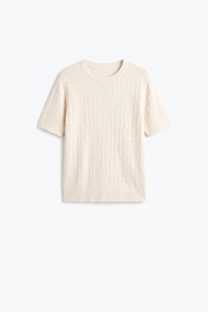Suéter de Manga Corta con Cuello Redondo de Punto Grueso en Color Crema