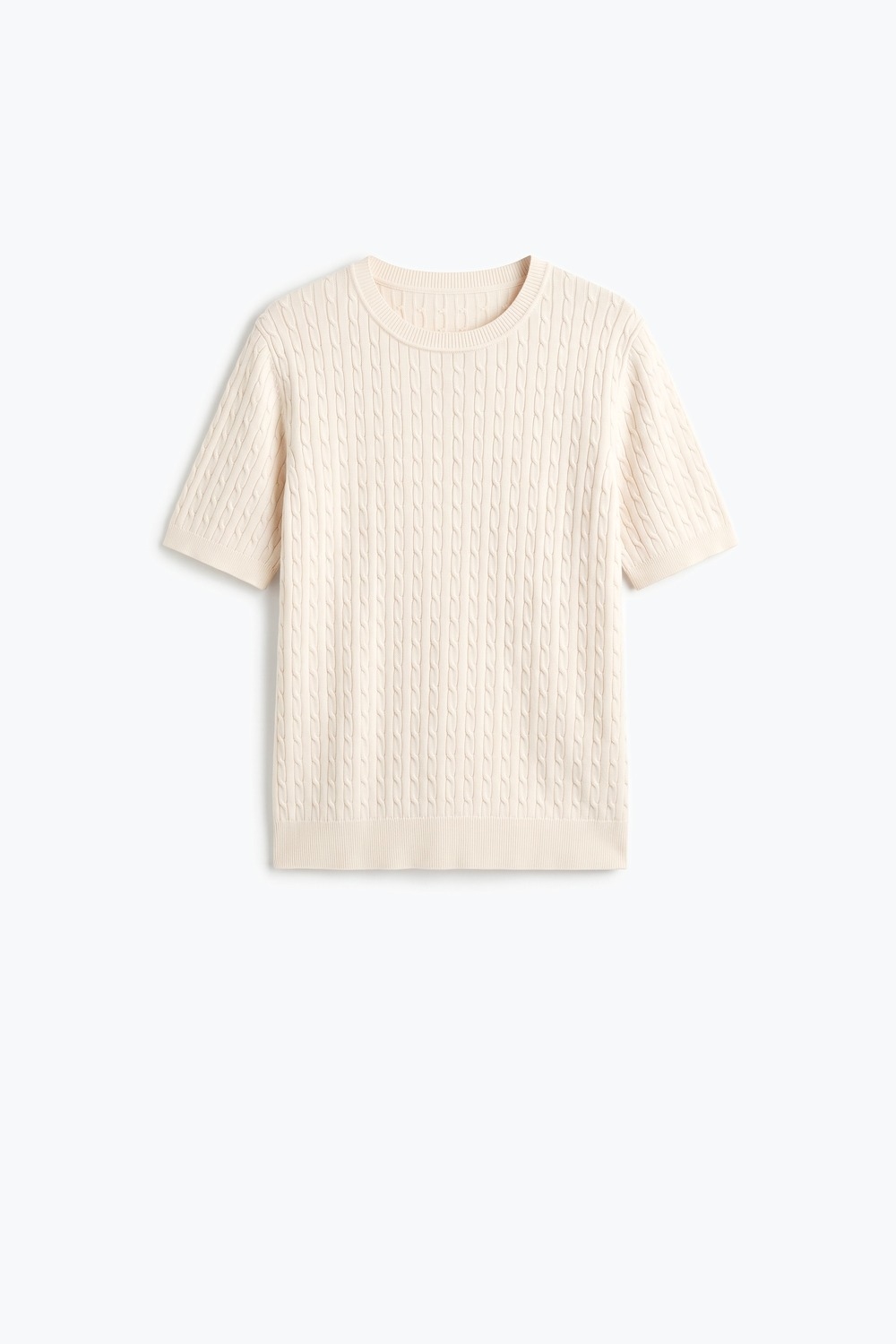 Su&eacute;ter de Manga Corta con Cuello Redondo de Punto Grueso en Color Crema