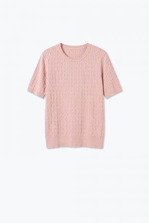 Suéter de Manga Corta con Cuello Redondo y Tejido de Punto Trenzado en Color Rosa Empolvado
