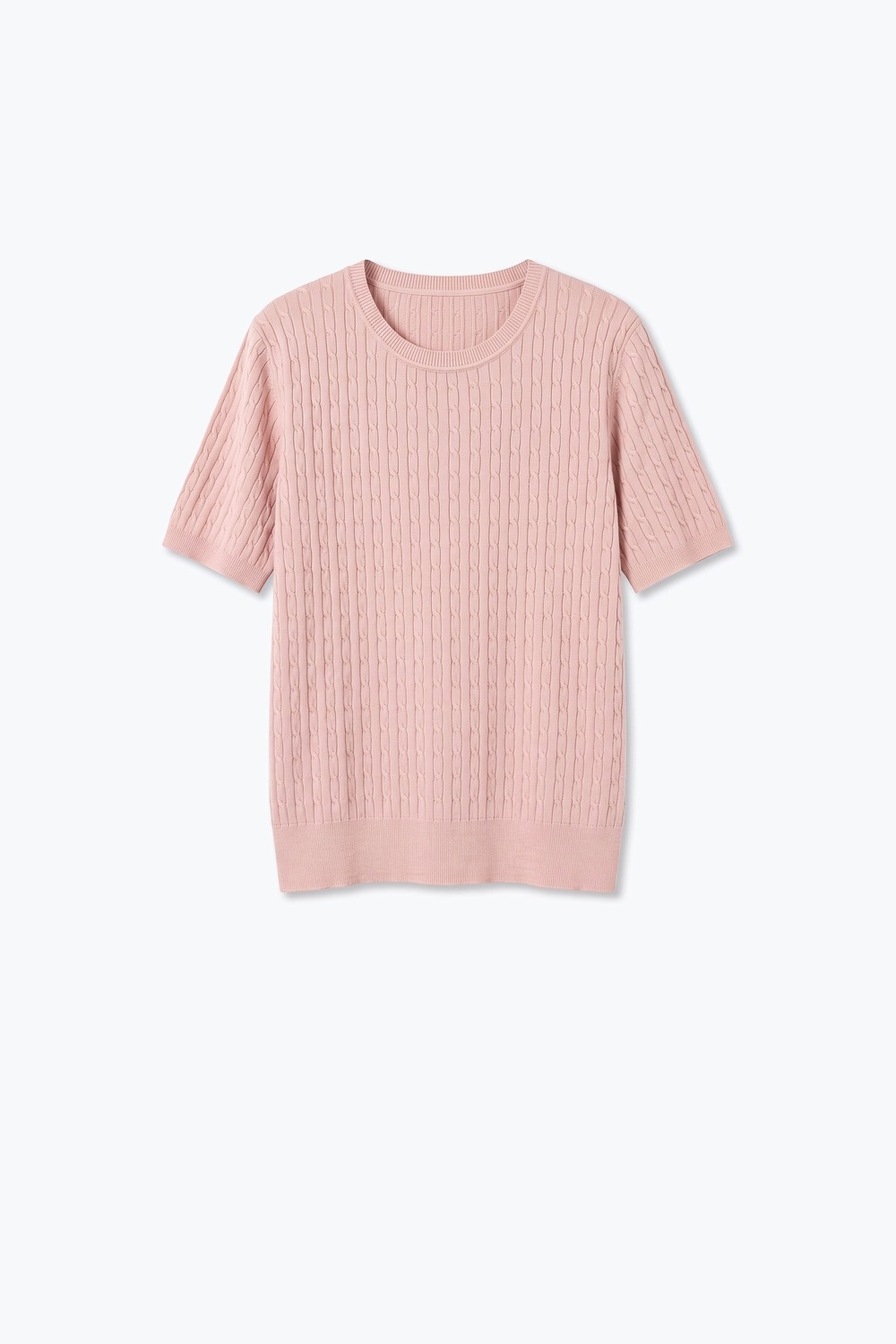 Su&eacute;ter de Manga Corta con Cuello Redondo y Tejido de Punto Trenzado en Color Rosa Empolvado