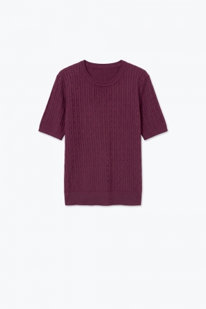 Suéter morado de cuello redondo de punto cableado con manga corta