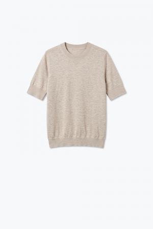 Suéter Beige de Punto Fino con Cuello Redondo y Ribete Acanalado de Mezcla de Lana Merino