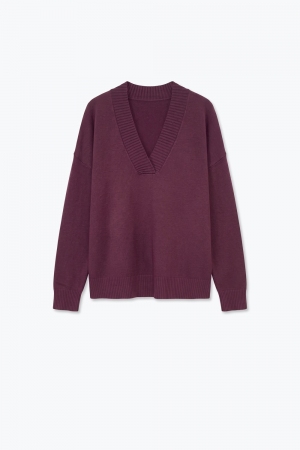 Suéter Ancho de Punto Cálido Morado con Escote en V