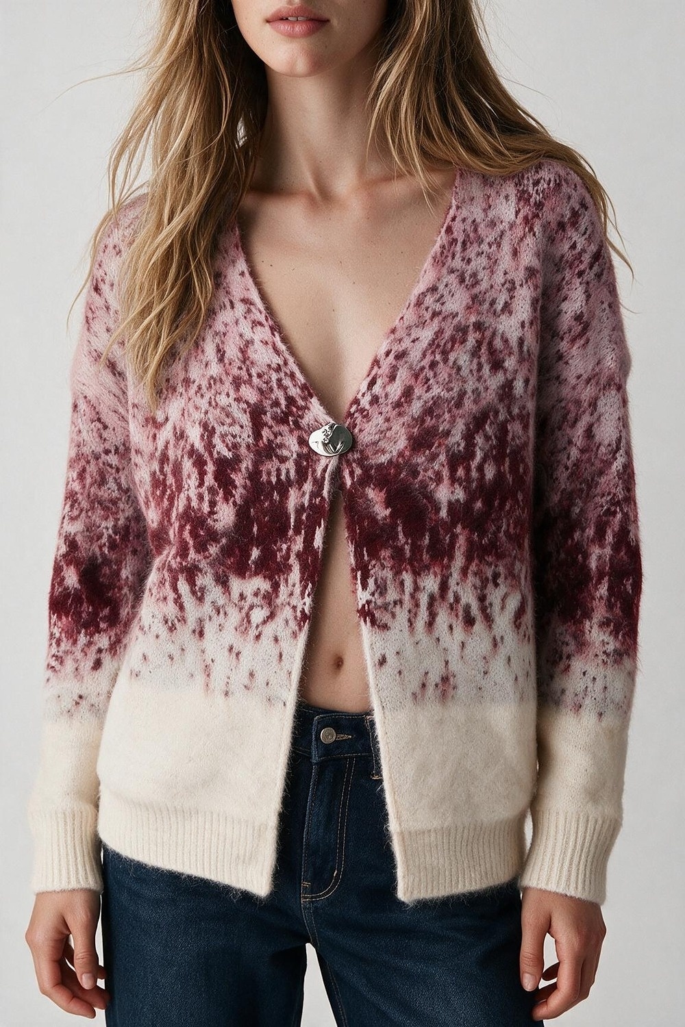 Cárdigan Suéter de Punto Peludo con Estampado Abstracto Rosa y Cuello en V con Botones Cárdigan Suéter de Punto Peludo con Estampado Abstracto Rosa y Cuello en V con Botones