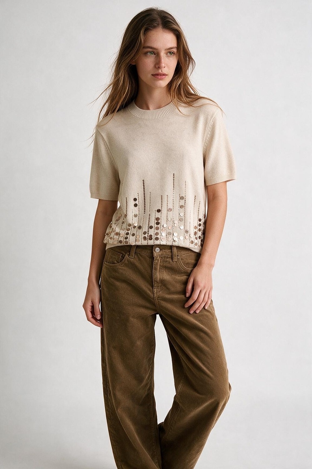 Beige Knit Short Sleeve Top with Embellished Hem Beige Knit Short Sleeve Top with Embellished Hem