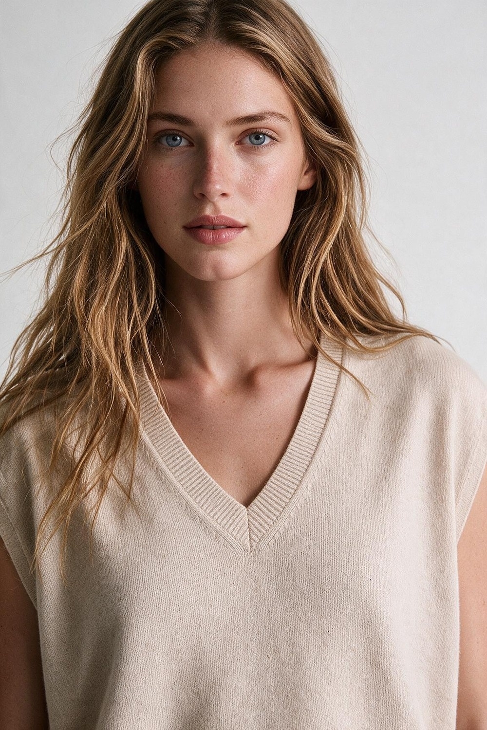 Beige Chaleco sin Mangas de Punto Fino en V con Ribete Acanalado y Adornado con Lentejuelas