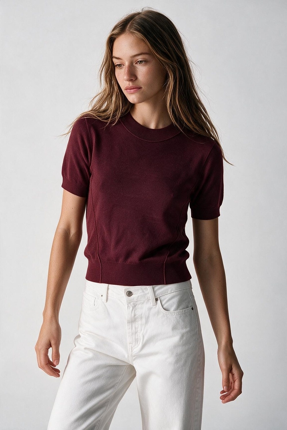Mezcla de Lana Merino Borgo&ntilde;a Jersey de Punto Fino de Manga Corta