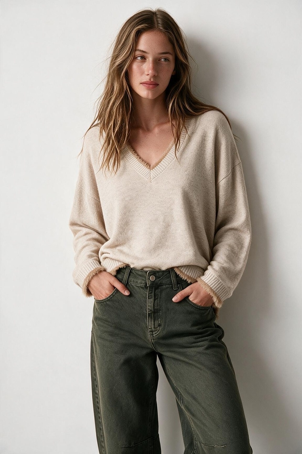 Su&eacute;ter beige de cuello en V con ribete de piel sint&eacute;tica