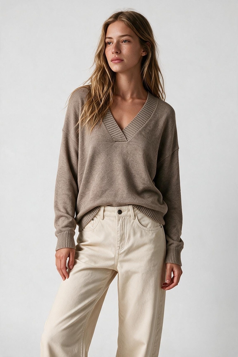 Jersey de Punto Ancho con Escote en V en Color Camel